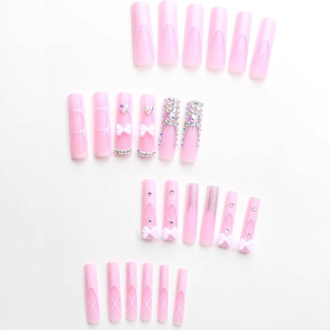 Long Square Press on Nails Pink French Tip Fake Nails Xl False Nails with Bow Rhinestones Designs Long Nails Press ons Sparkly Glue on Nail Full Cover Stick on Nail for Women 24Pcs