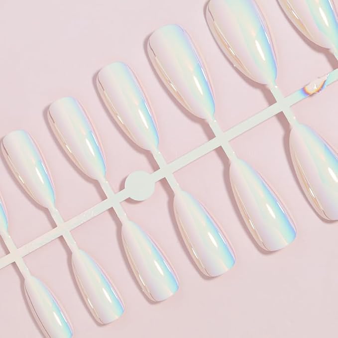 Almond Press on Nails White Chrome Fake Nails Glossy Pearl Powder Acrylic Nails Metal Mirror False Nails Press ons Medium Full Cover Holographic Glue on Nail for Women Girls Manicure 24Pcs
