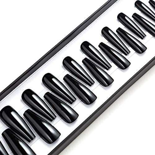 Allkem Coffin Press on Nails Extra Long Ballerina (20 Pieces) - Glossy Nail Extensions Kit - 10 Sizes Glue on Fake Nails (Black)