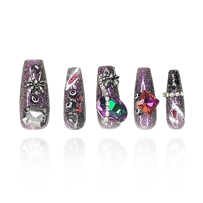2025 Medium Handmade Nail Art Reusable PMMA Acrylic Press-on Nail Art Premium Purple Fake Nails with Spider Rhinestone Decoration Gifts for Women (Sequin Purple, Medium)