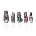 2025 Medium Handmade Nail Art Reusable PMMA Acrylic Press-on Nail Art Premium Purple Fake Nails with Spider Rhinestone Decoration Gifts for Women (Sequin Purple, Medium)