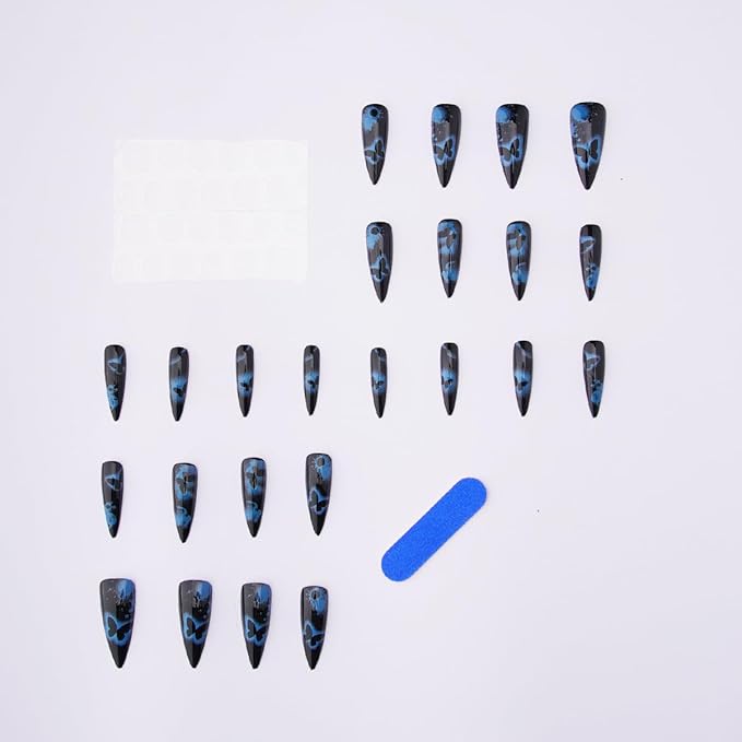 Halloween Fake Nail - Gothic Press on Nails | Long Stiletto False Nails with Blue Butterfly Designs,Full Cover Glossy Acrylic Nails,Stick on Nails for Women Girls Halloween Manicure 24Pcs