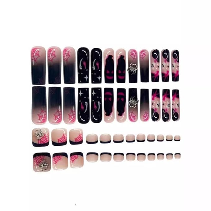 Halloween Press on Toenails Ombre Pink Press on Nails Long Square Fake Nails with Spider Charms Design Black French Tip Fake Toenails Pumpkin Ghost False Nails for Women Girls DIY Manicure 48Pcs