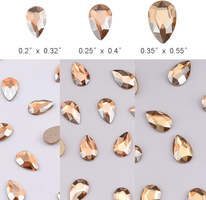 100pcs Flatback Glass 3D Champagne Nail Gem Glue Fix Pear Shape Large and Small Crystal Rhinestone Bulk Charms for Nail Art Designs Jewelry Making DIY Crafts