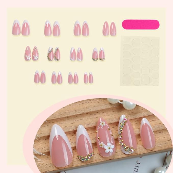 Press on Nails Almond Painted Flowers French Fake Nails French Fake Reusable Nail Kit with Nail Glue Adhesive Tabs Mini Nail File for Women Manicure Art Decoration 24PCS