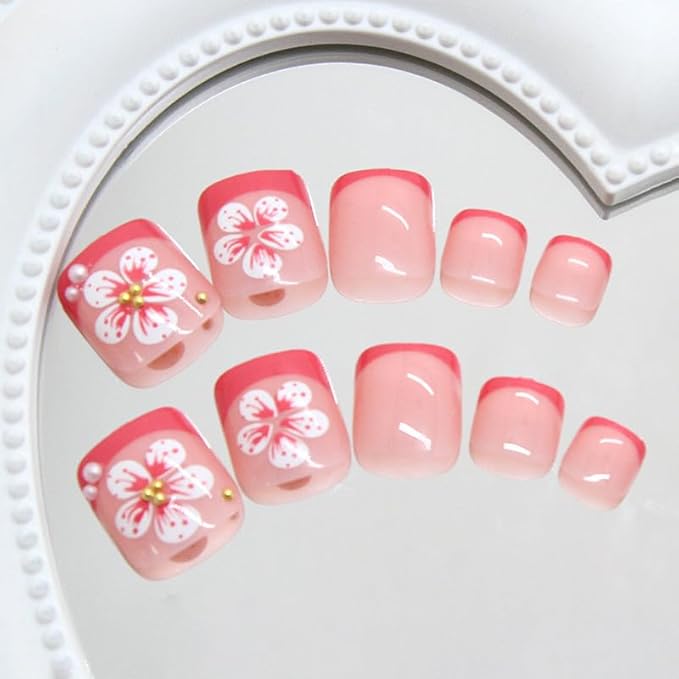 24pcs Pink French Tip Press on Toenails Short Square Pink White Flower Fake Toe Nails Kit with Pearl Gold Beads Lily Designs Summer Floral Full Cover False Toenails for Women Manicure Decoration
