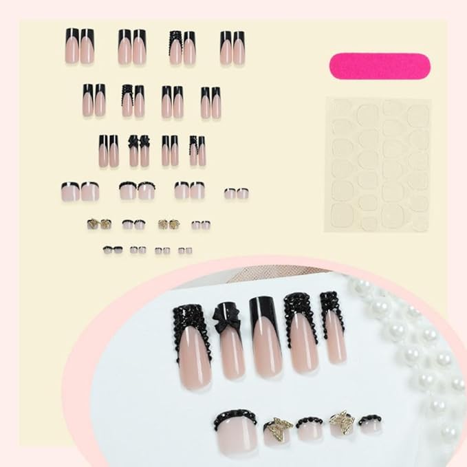 48Pcs Black French Tips Press on Nails Rhinestone Press on Toenails Long Square Fake Nails with Black Bow Charm Design 3D Butterfly False Toenails Glossy Summer False Nails for Women DIY Manicure