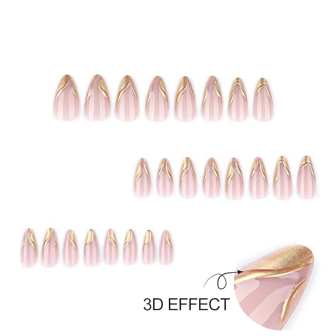 Almond Press on Nails Gold Fake Nails French Tip False Nail Press ons with Design Reusable Artificial Nail Full Cover Glossy Glue on Nail Stick on Nails for Women Manicure 24 Pcs