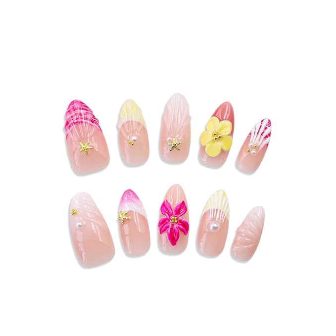 Handmade Press on Nails - Luxury 3D Rose Red Yellow Flower Medium Almond False Nails Salon Quality French Tip Design Handmade Floral Artificial Fingernail Stick on Nail for Women（Size M）