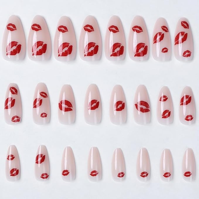 Almond Press on Nails Medium Valentine's Day Fake Nails Red Lipstick False Nails Glossy Full Cover Glue on Nail Reusable Acrylic Nails for Women Manicure 24Pcs