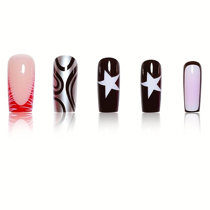 Long Press on Nails Square Fake Nails Black French Tip False Nails with Stars and Swirl Designs Acrylic Nails Press ons Glue on Nail Long Square Full Cover Stick on Nail for Women 24Pcs