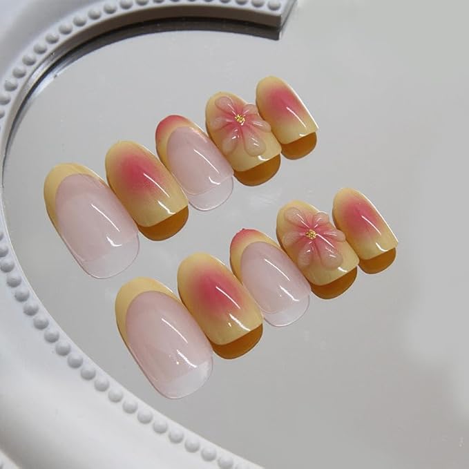 24Pcs Almond Press on Nails Flower Summer Fake Nails with 3D Floral Designs French Tip Pink Acrylic False Nail Cute Glue on Nails Medium Almond Nail Press ons for Women Girls