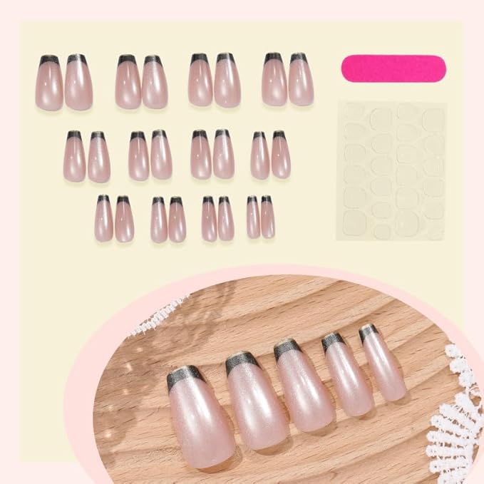 Black French Tip Press on Nails Square Medium Fake Nails Goth False Nails Press ons for Cat Eye Manicure Reusable Artificial Nail Full Cover Glossy Glue on Nail Stick on Nails for Women 24 Pcs