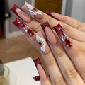 Square Press on Nails Long Red Fake Nail3D Flowers Charm and Red Rhinestones Acrylic Nail Press ons with Embossed Butterfly Design Stick on Nails for Women 24pcs