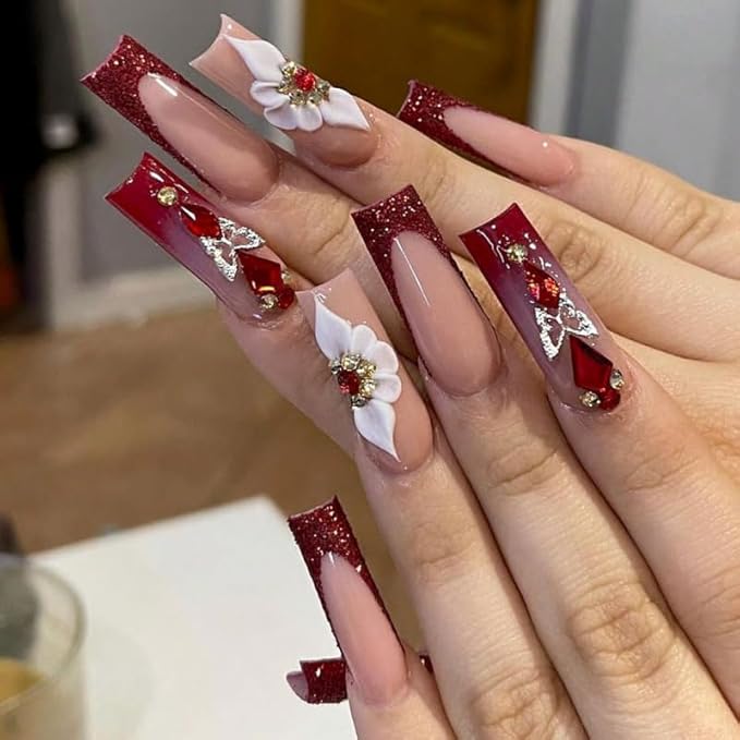 Square Press on Nails Long Red Fake Nail3D Flowers Charm and Red Rhinestones Acrylic Nail Press ons with Embossed Butterfly Design Stick on Nails for Women 24pcs
