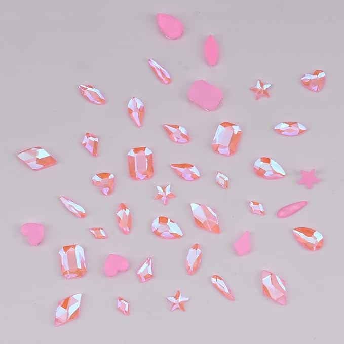 100pcs Glass Flatback Mocha Pink Colored Nail Gemstone Mix 10 Shapes for DIY Craft Acrylic Nails Rhinestone Decoration Bulk Pack Set