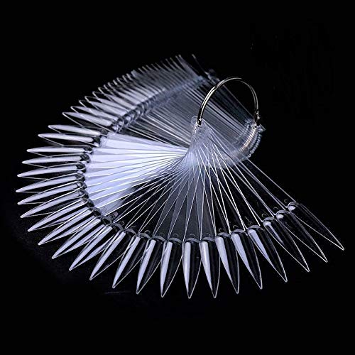 Aliotech 2 sets 100 Tips Fan Shape Plastic Nail Art Tips Display Polish board Display Practice Sticks with Metal Split Ring Holder (Clear)