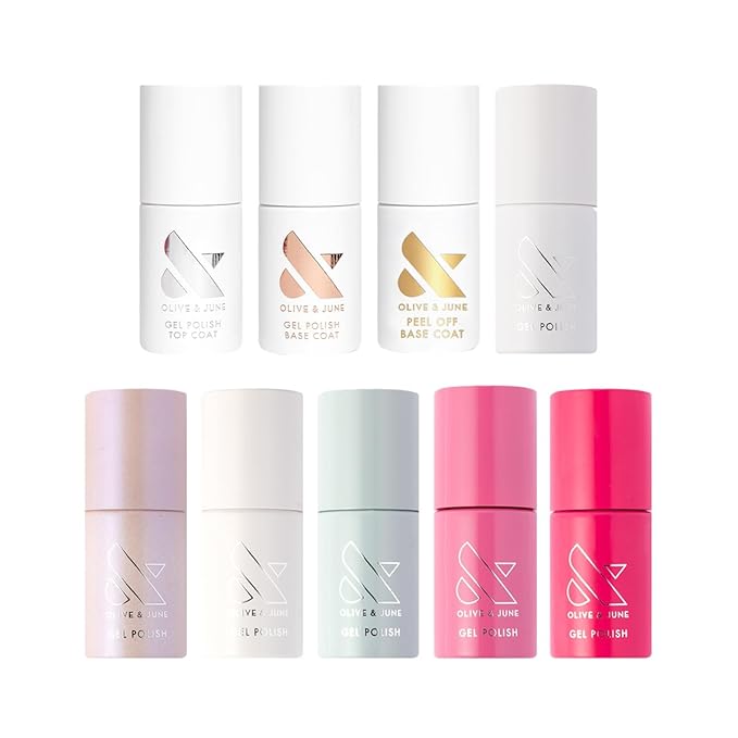 Olive & June Bestsellers Gel Polish Set | UV LED Nail Lamp Needed | Includes 6 Shades (HD, KMC, Pink Goldfish, Icing Is The Best Part, Prom, XOXO) + Gel Top Coat & Base Coat & Peel-Off Base HEMA-Free