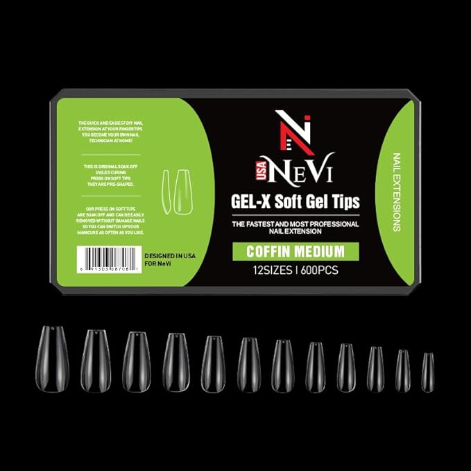 Nail Gel-X Natural Coffin Medium Tips Set - NeVi USA Premium Quality, 600 Tips in 12 Sizes - Complete DIY Nail Extension Kit | No Size 00 Included#10&11 are in the same section #10