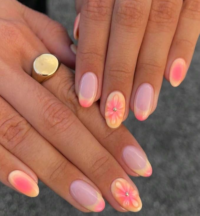 24Pcs Almond Press on Nails Flower Summer Fake Nails with 3D Floral Designs French Tip Pink Acrylic False Nail Cute Glue on Nails Medium Almond Nail Press ons for Women Girls