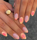 24Pcs Almond Press on Nails Flower Summer Fake Nails with 3D Floral Designs French Tip Pink Acrylic False Nail Cute Glue on Nails Medium Almond Nail Press ons for Women Girls