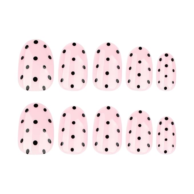 Polka Dot Press on Nails Medium Oval Fake Nails Light Pink False Nails Press ons with Black Dots Design,Reusable Artificial Nail,Full Cover Glossy Glue on Nail Stick on Nails for Women Manicure 24Pcs