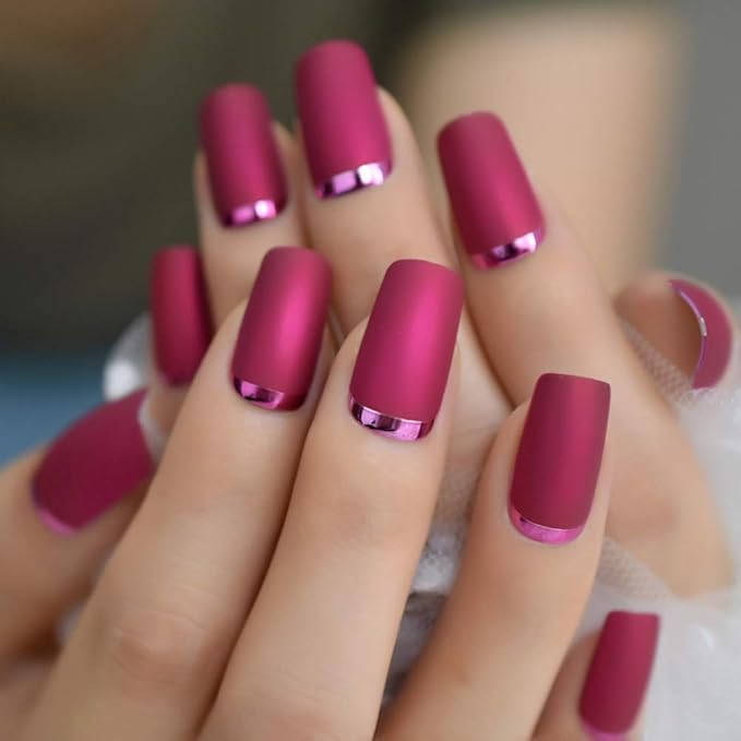 Slim Gorgeous Fake Nails Matte Rose Red with Metallic Moo Medium Size Frosted Artificial Acrylic Nail Art Tips