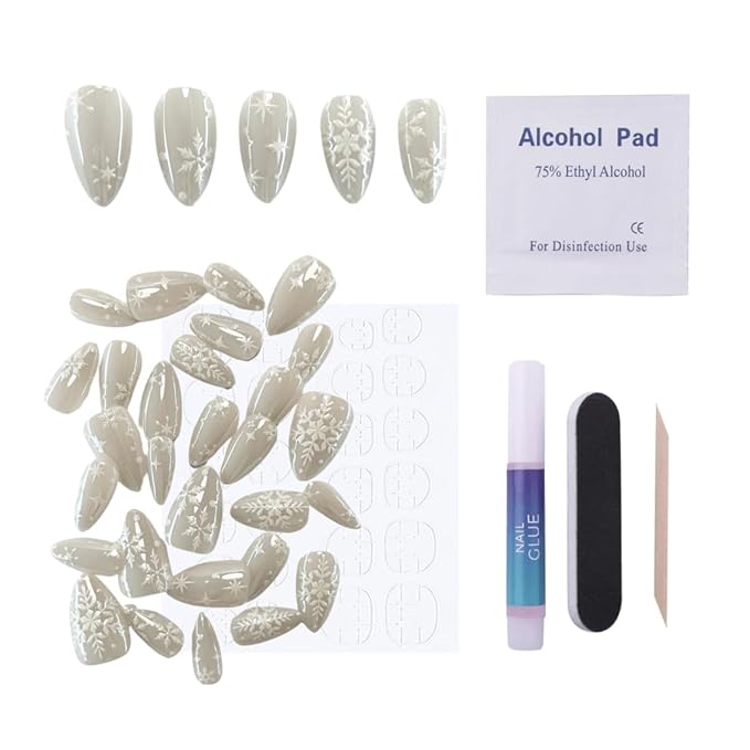 Maniology Press-On Nails Snow Bunny | Short Almond Shape Nail Tips – Snowflakes, Winter-Themed Manicure Designs, Reusable, Durable & Easy Application, 30-Piece 15 Sizes False Nails Kit