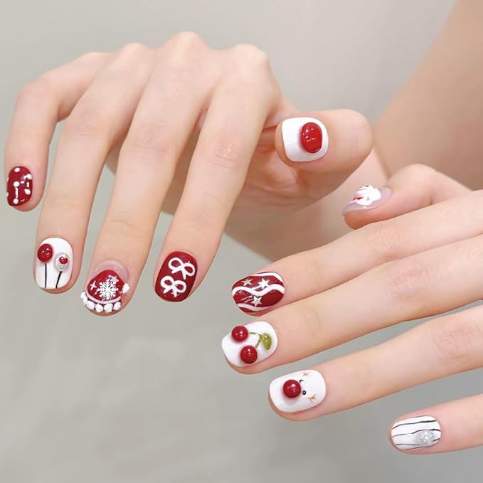 Handmade Press on Nails Short Square Fake Nails Christmas French Tip with 3D apple cherry Snowman Designs Red Glitter Cute Acrylic Nails for Women 10pcs (Size M）