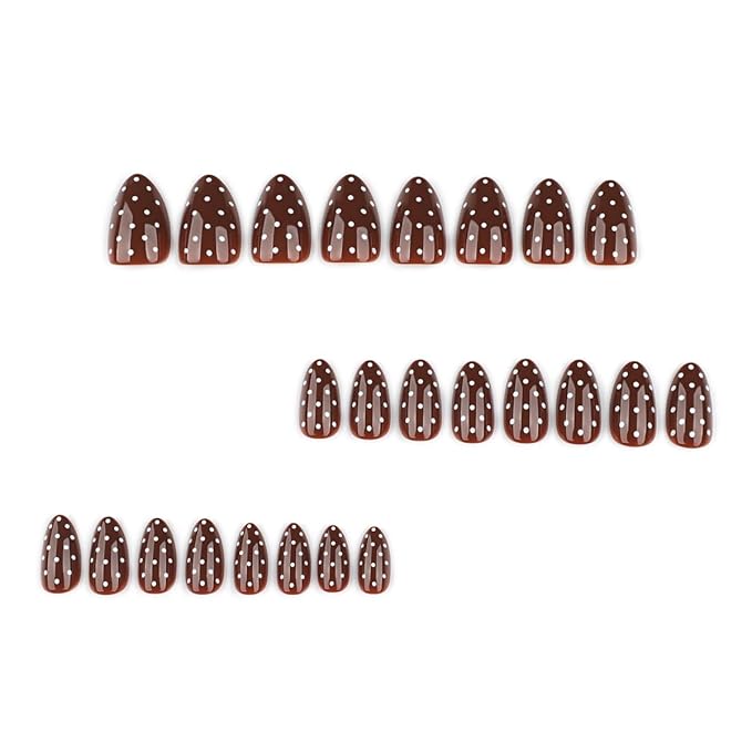 Polka Dot Press on Nails Short Almond Fake Nails Brown Nails Fall Winter False Nails Press ons with Polka Dots Design Glossy Acrylic Full Cover Reusable Stick on Nail for Women Girls Manicure 24Pcs