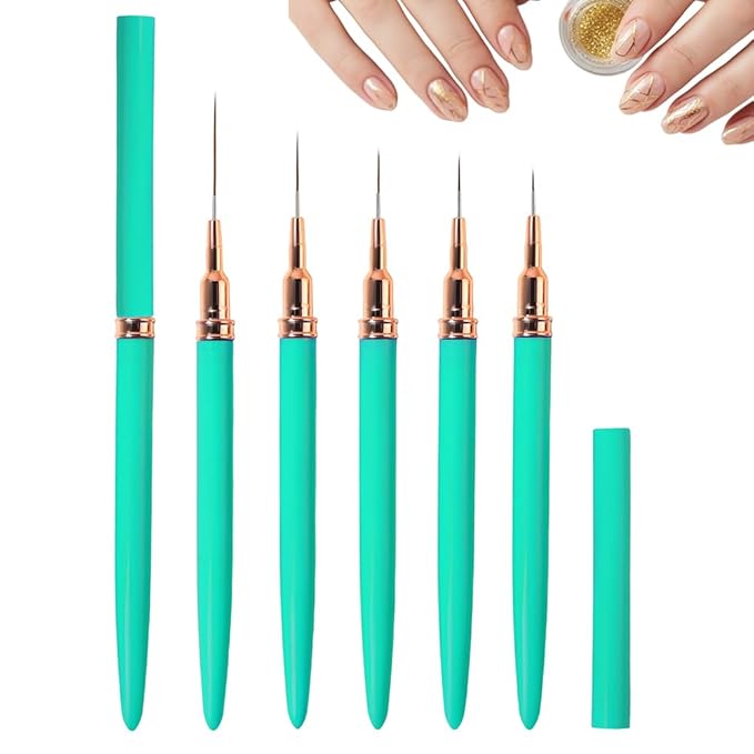 Metallic Nail Art Pens, 2026 New Liner Brushes Set, 5PCS Black Color Nail Tools For Long Lines, Fine Drawing, Liner Brush UV Gel Polish Painting Nail Design Sizes 6/9/11/16/24mm (green)