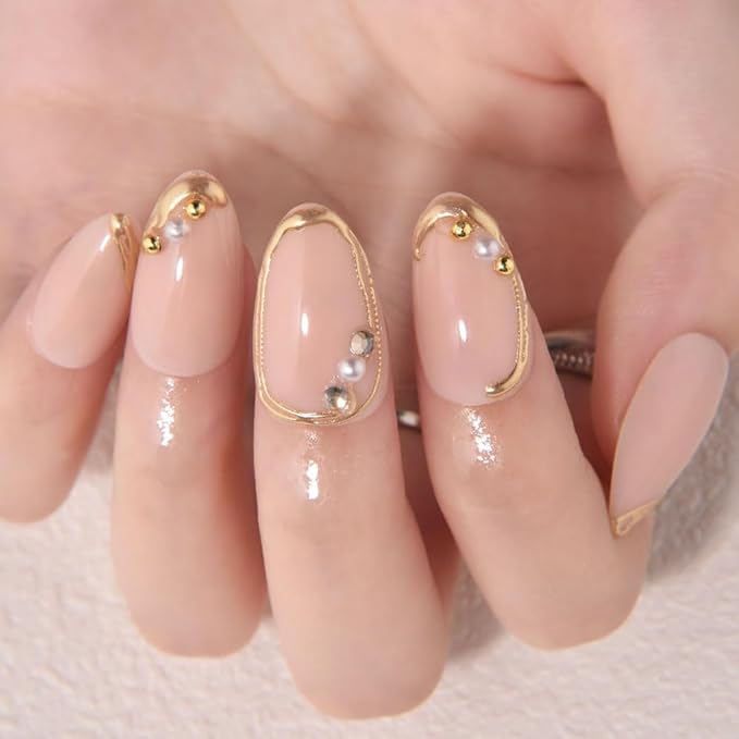 evpct 3D Gold Line French Tip Press on Nails Short Almond, Glitter Light Nude Stick on Nail with 3D Pearl Diamond Designs, Handmade Press on Nails for Women Gift with Kit, Gel Acrylic Fake Nail