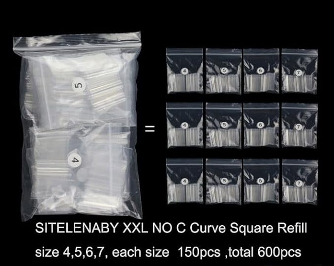 No C curve XXL Square Nail tips size 4,5,6,7, 600pcs per bag Clear Acrylic Nails Square Shape Nail Tips SITELENABY Flattened Half Cover False Nails for Salon&Home DIY French ABS Nail Art Tips