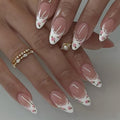 French Tip Press on Nails Medium Almond Fake Nails White False Nails Press ons Lace Rose Glue on Nails Acrylic Artificial Stick on Nail for Women Nail Decoration 24Pcs