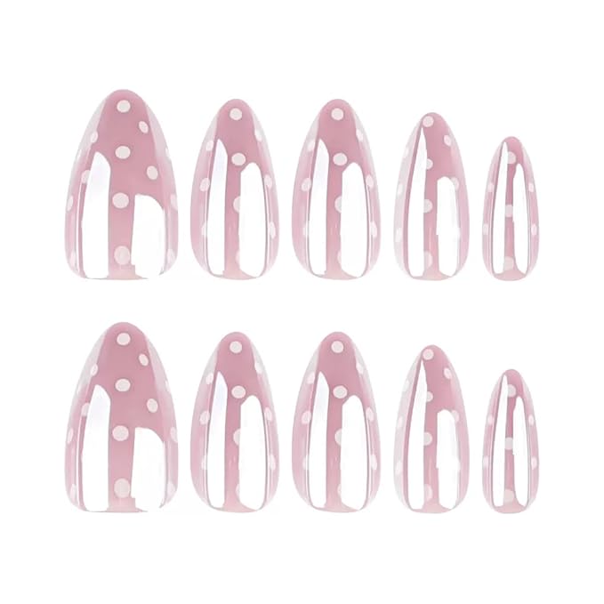 Short Press on Nails Almond - Chrome Pink Fake Nails with Polka Dot Design - Glossy Full Cover Stick on False Nails for Women 24 Pcs