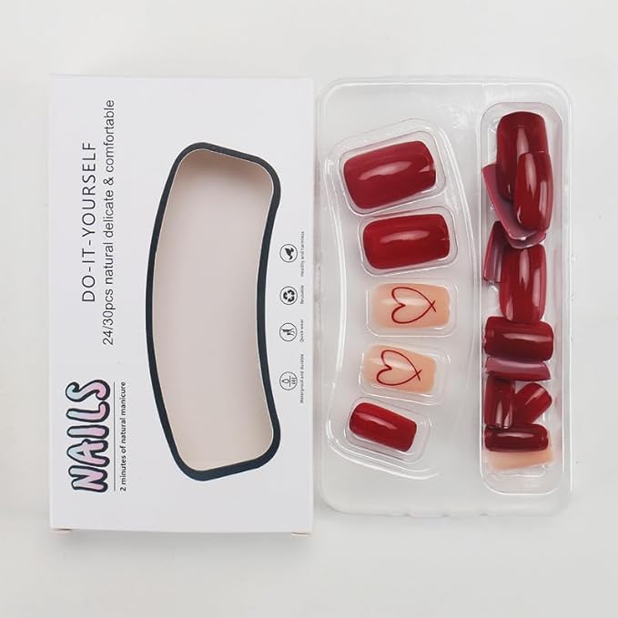 Red Press on Nails Medium Square Fake Nails Wine Red Heart False Nails Glossy Solid Color Glue on Nail Valentine's Day Acrylic Nails for Women Manicure 24Pcs