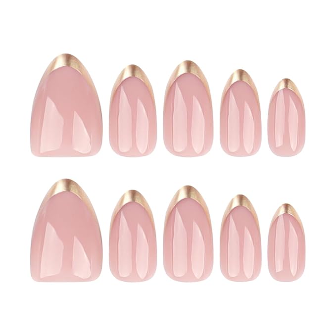 Almond Press On Nail Short, Pink Fake Nails with Elegantly Crafted Gold French Tips, Glossy Gel Finish, Thick Natural Reusable Glue On Nails Kit for Women 24Pcs, Golden Chic