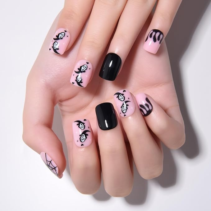 Halloween Black Press on Nails Petite Short Square with Spider Design, Black Artificial Extra Short Fake Nails with Cobweb Designs, Soft Gel Full Cover Cute Stick on Acrylic Nail for Women Girls