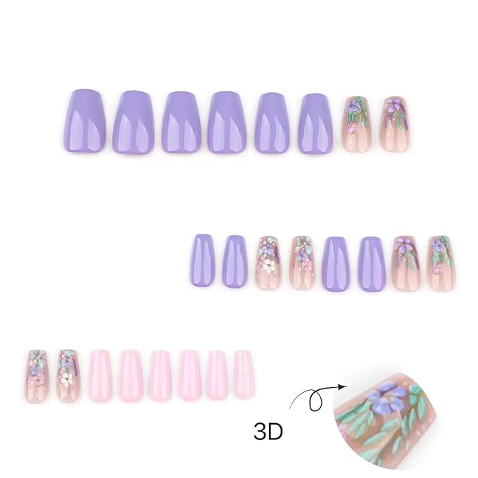 Press on Coffin Nails - Medium Fake Nails with Flower Design - Purple False Nails Press ons - for Women 24 Pcs