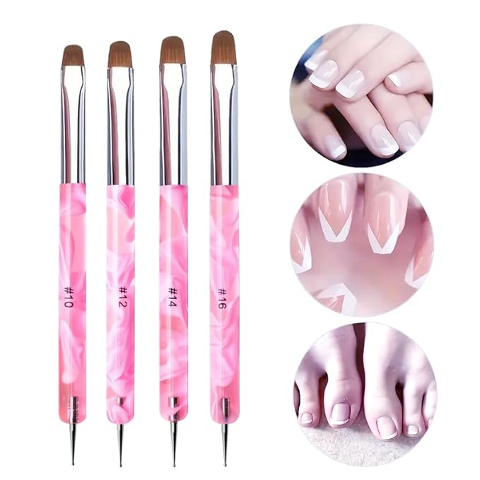 4Pcs French Tip Brush, Double-Ended French Brush for Nails with Dotting Tool, Clean Up Brushes for Gel Nail Polish, Size 10/12/14/16, Acrylic Nail Art Brushes, Manicure Tools for DIY Nail Design-Pink