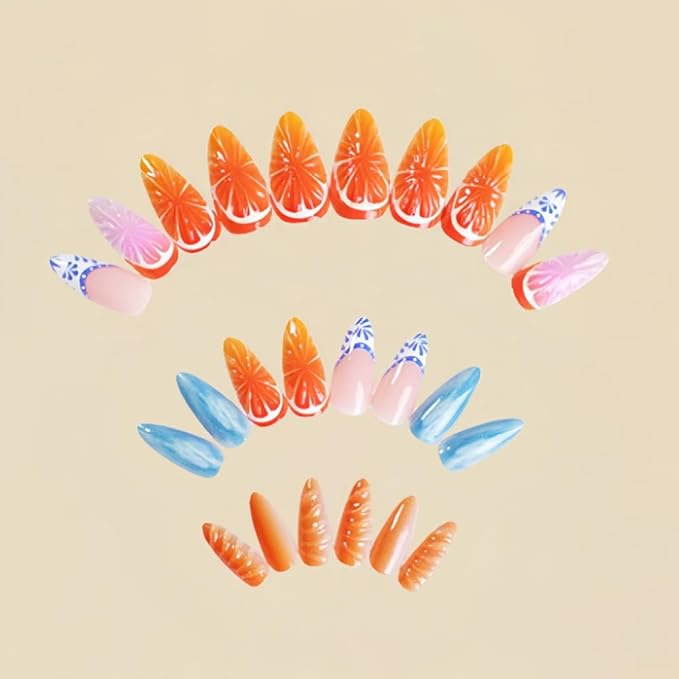 Summer Press on Nails Medium Almond Glue on Nails with Orange Fruit Design 3D Orange Seashell False Nails Ombre Blue White Stick on Nails Glossy Summer Fake Nails for Women Girls Manicure 24Pcs