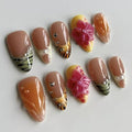 Fall Press on Nails Almond - Medium Fake Nails with Colorful Floral Design - French Tip Stripes Full Cover Stick on False Nails for Women Manicure 24 Pcs