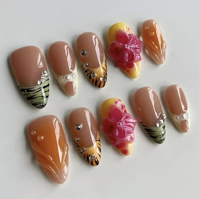 Fall Press on Nails Almond - Medium Fake Nails with Colorful Floral Design - French Tip Stripes Full Cover Stick on False Nails for Women Manicure 24 Pcs