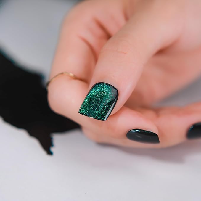 Crystal Spirit Green Press on Nails Short Square, Cat Eye Press on Nails, Fashion Gel Fake Nails, Reusable Acrylic Fake Nails, Glossy Stick on Nails, Thick Reusable Glue On Nails for Women