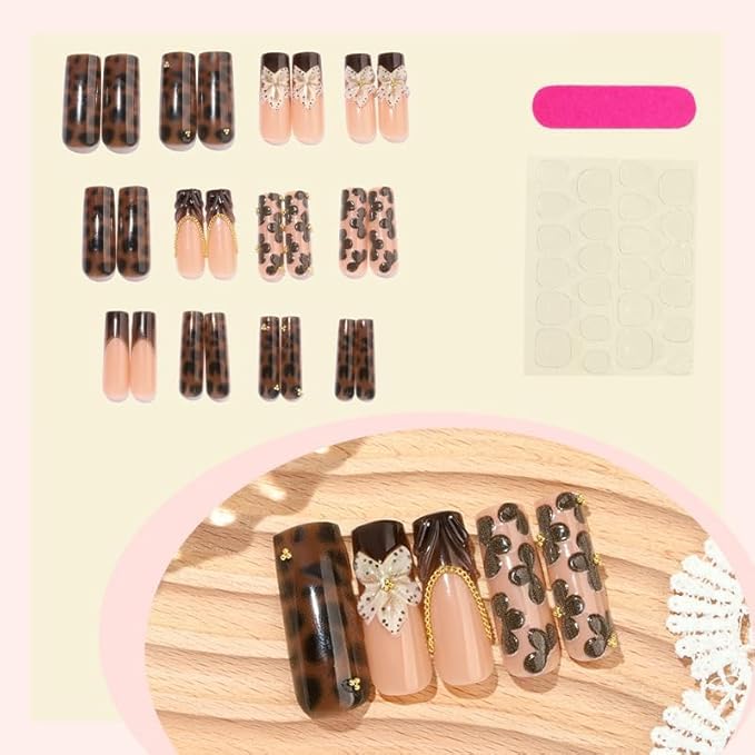 Square Press on Nails Long Brown Fake Nail Embossed Acrylic Nail Press ons With 3D Flower DesignStick on Nails for Women 24pcs