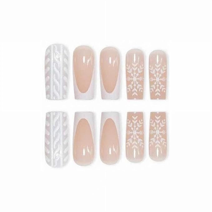 MISUD Press on Nails - Long Square Fake Nails with White French Tip, Acrylic Winter Snowflake Sweater Design 24 pcs