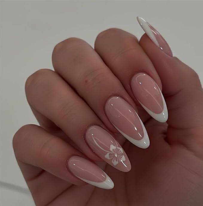 Press on Nails Almond Painted Flowers French Fake Nails French Fake Reusable Nail Kit with Nail Glue Adhesive Tabs Mini File for Women Manicure Nail Art Decoration 24PCS