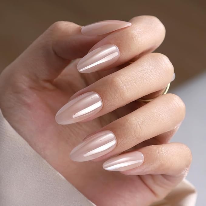 Press On Nails - Glazed Doughnut | Chrome Glazed Long Almond Fake Nails Tip, Salon Quality | 32 Nails, 16 Sizes Kit with Glue and Adhesive Tabs I Female Founded - Beauty, Self Care