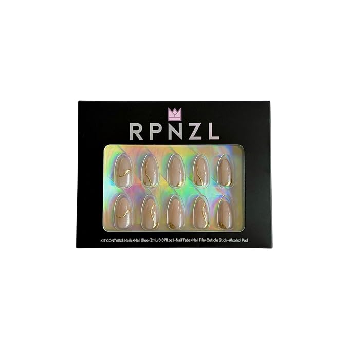 Press On Nails - Glow | Champagne Cat Eye 3D Gold Design, UV Finish Almond Nails, Salon Quality | 32 Nails, 16 Sizes Kit with Glue and Adhesive Tabs I Female Founded - Beauty, Self Care