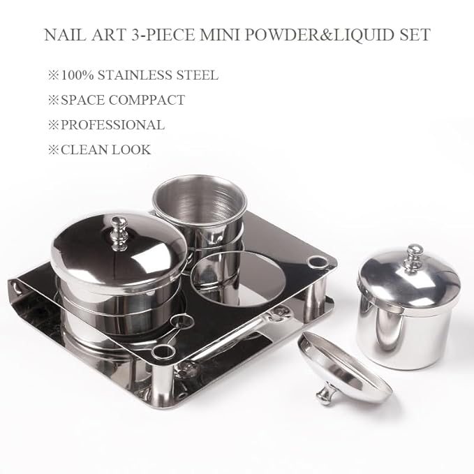 Manicure Stainless Steel Cup Set Nail Art Acrylic Liquid Holder Professional Stainless Steel Storage Box Acrylic Powder Organizer Tray (3PCS)